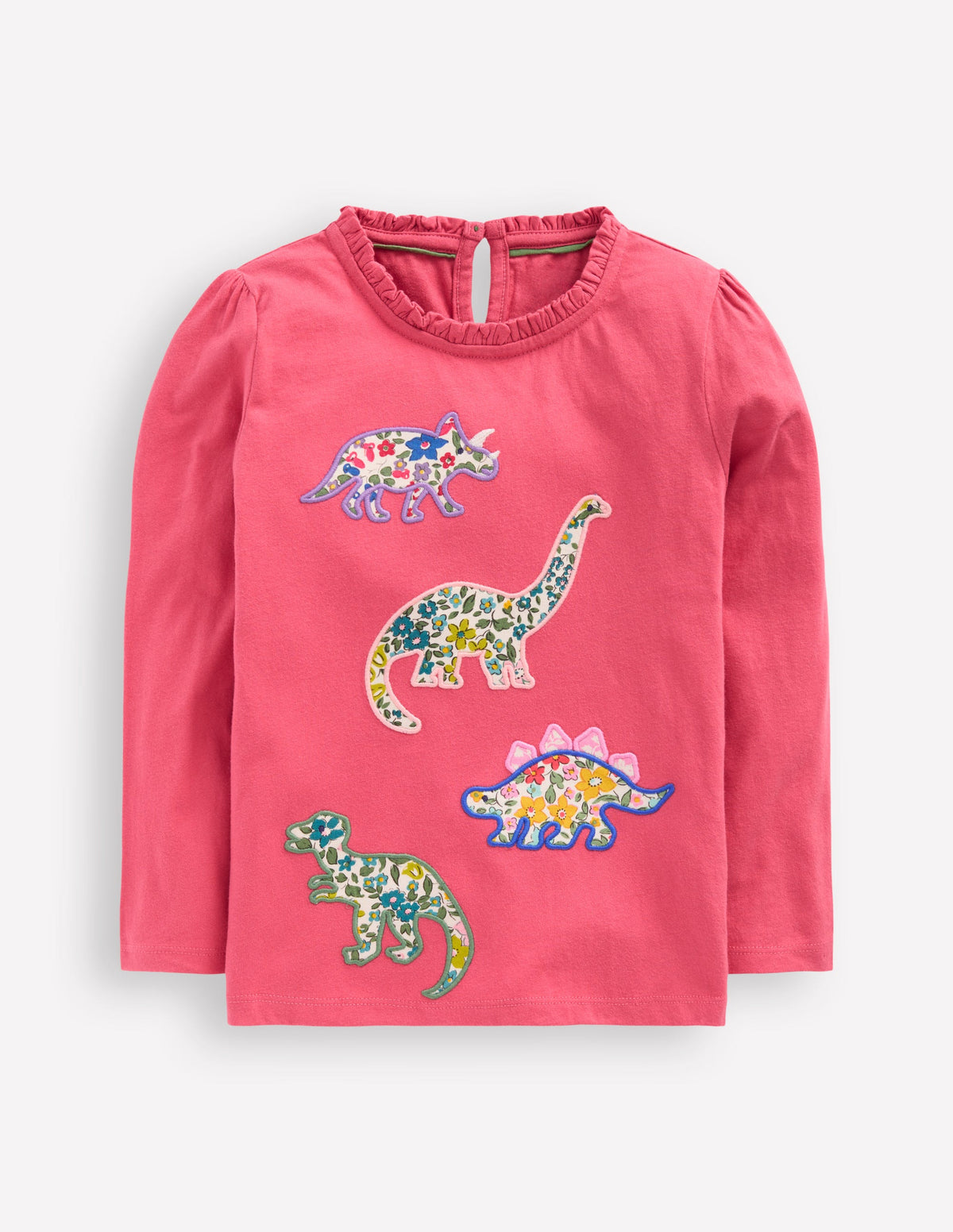 Frill Neck Appliqué T-shirt-Rose Pink Dinosaurs - Image 1