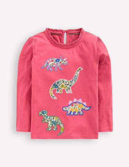 Frill Neck Appliqué T-shirt-Rose Pink Dinosaurs-1