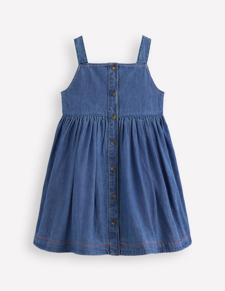 Button-through Pinafore Dress-Mid Vintage Denim