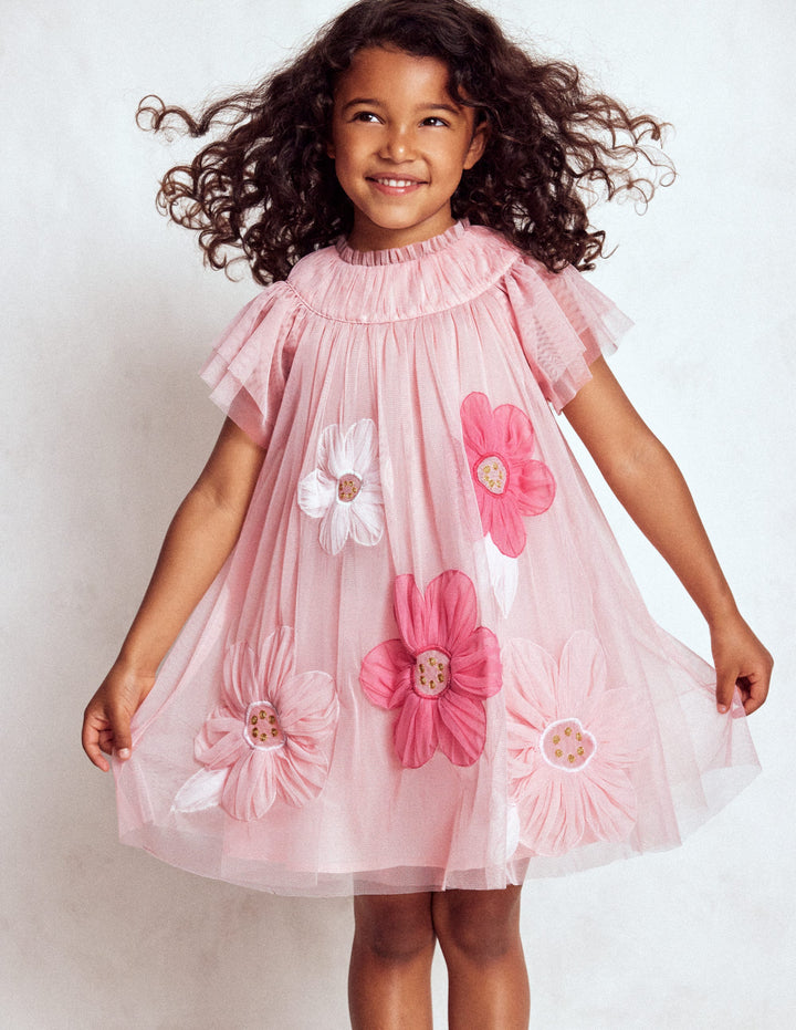 Appliqué  Tulle Dress-Chalk Pink Flower
