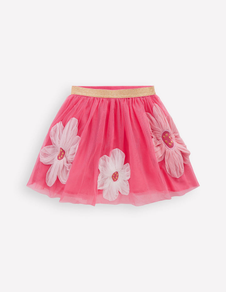 Appliqué Tulle Skirt-Pink Flowers