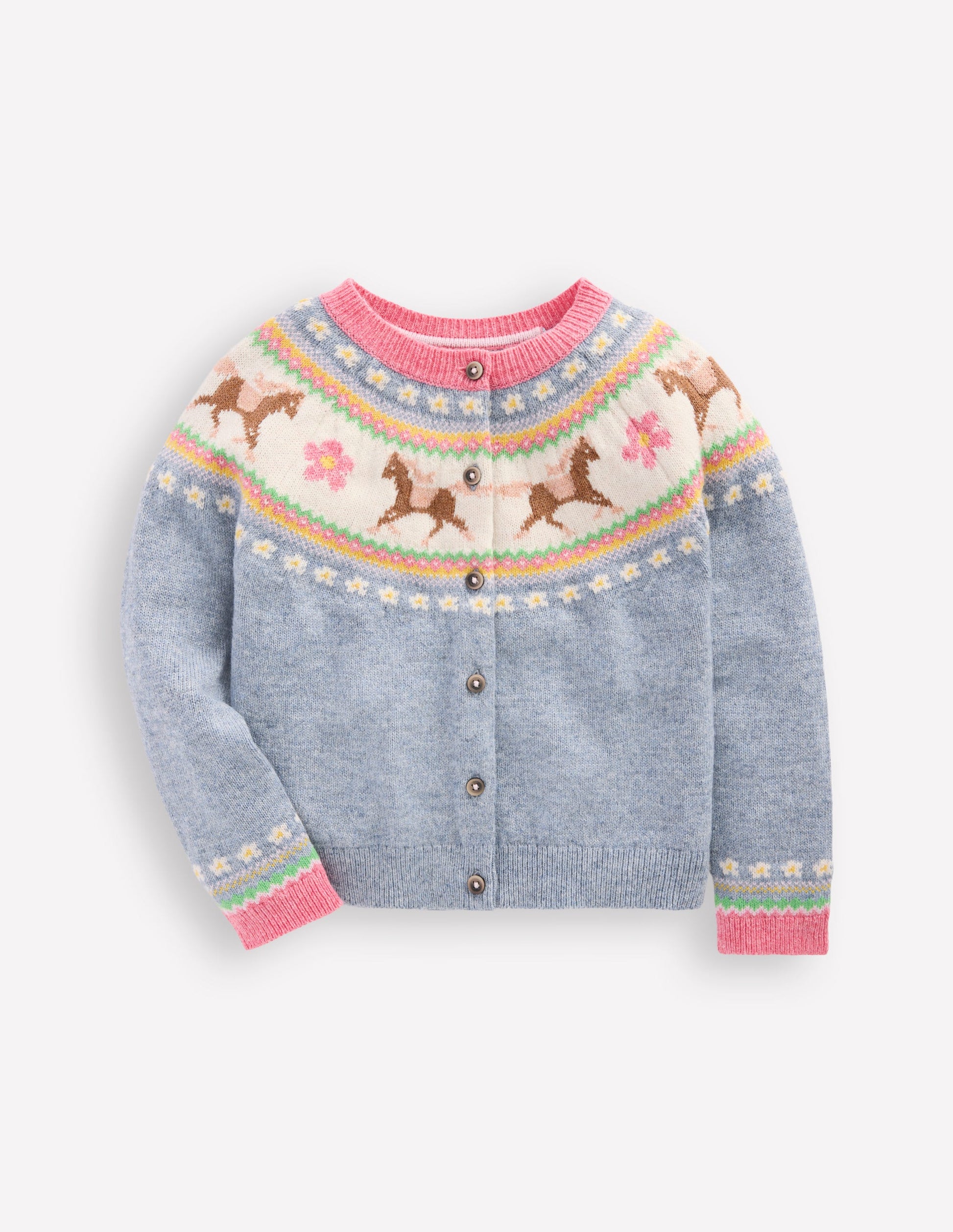 Edie Fair Isle Cardigan-Glacier Blue Marl Horses-1