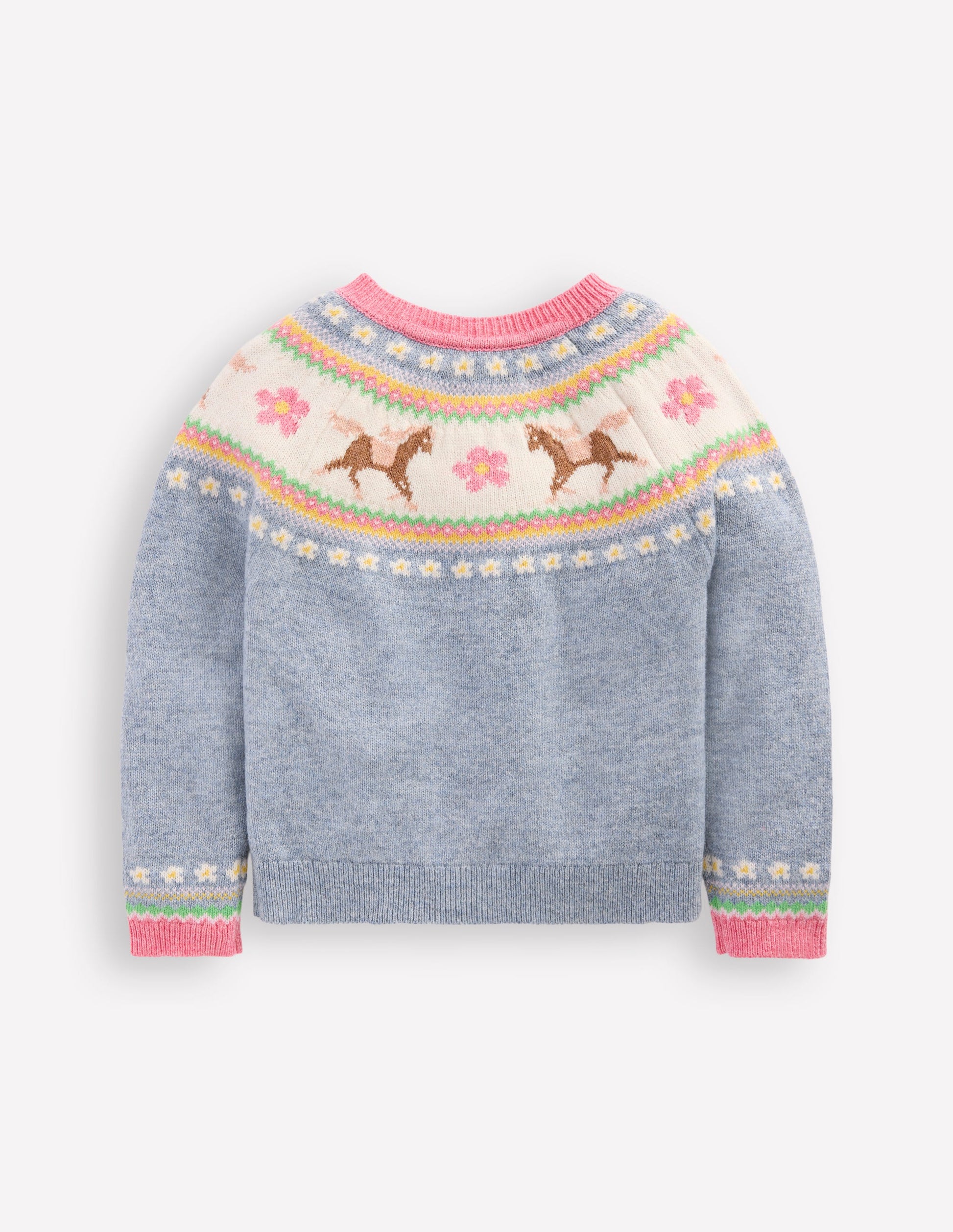 Edie Fair Isle Cardigan-Glacier Blue Marl Horses-2