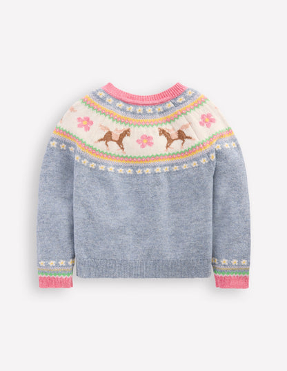 Edie Fair Isle Cardigan-Glacier Blue Marl Horses-2