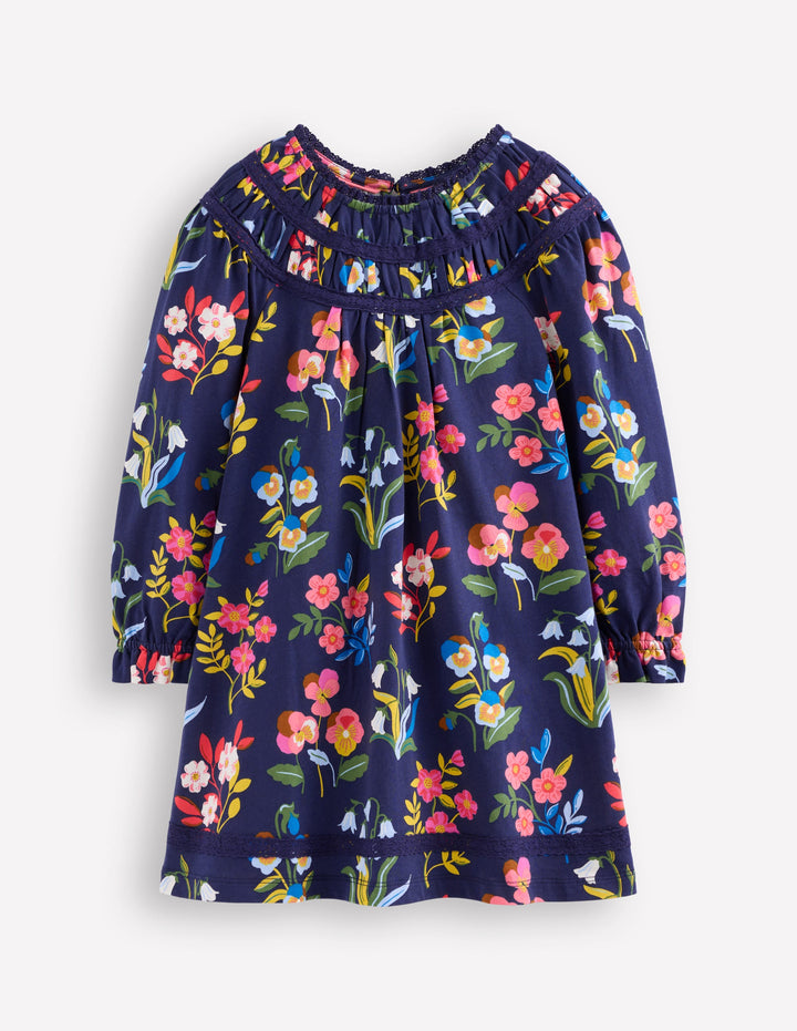 Pretty Lace Trim Jersey Dress-College Navy Pansy Bed