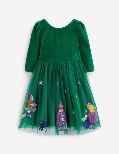 Velour Tulle Appliqué Dress-Jewel Green Halloween-1