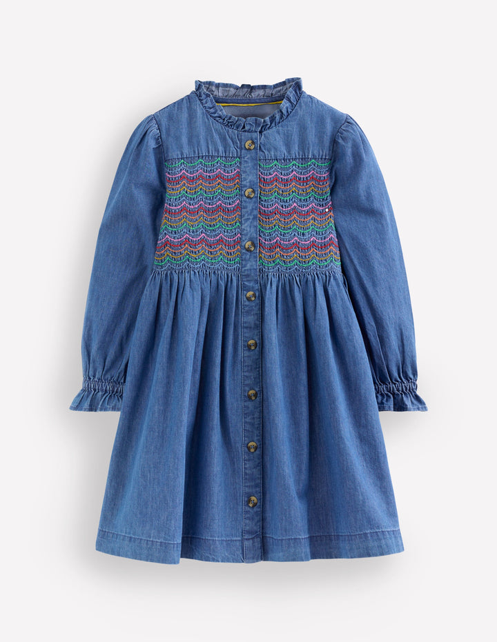Suki Long Sleeve Smocked Dress-Mid Vintage Denim
