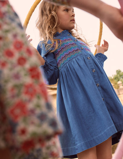 Suki Long Sleeve Smocked Dress-Mid Vintage Denim-4