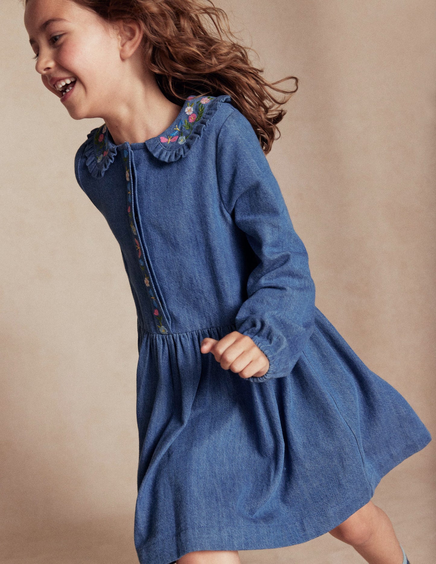 Denim Embroidered Collar Dress-Mid Vintage Denim