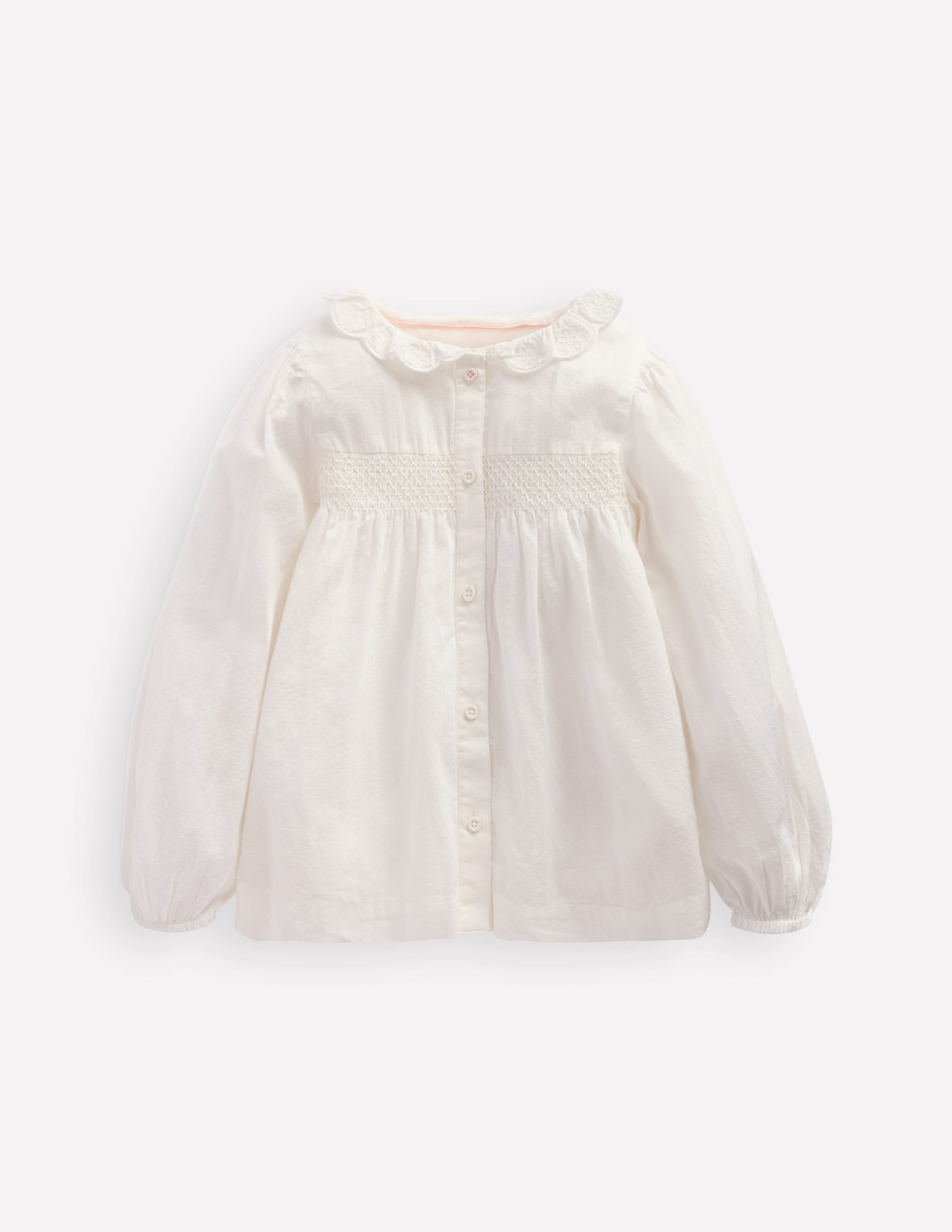 Scalloped Collar Smocked Shirt-Soft Ivory - Image 1