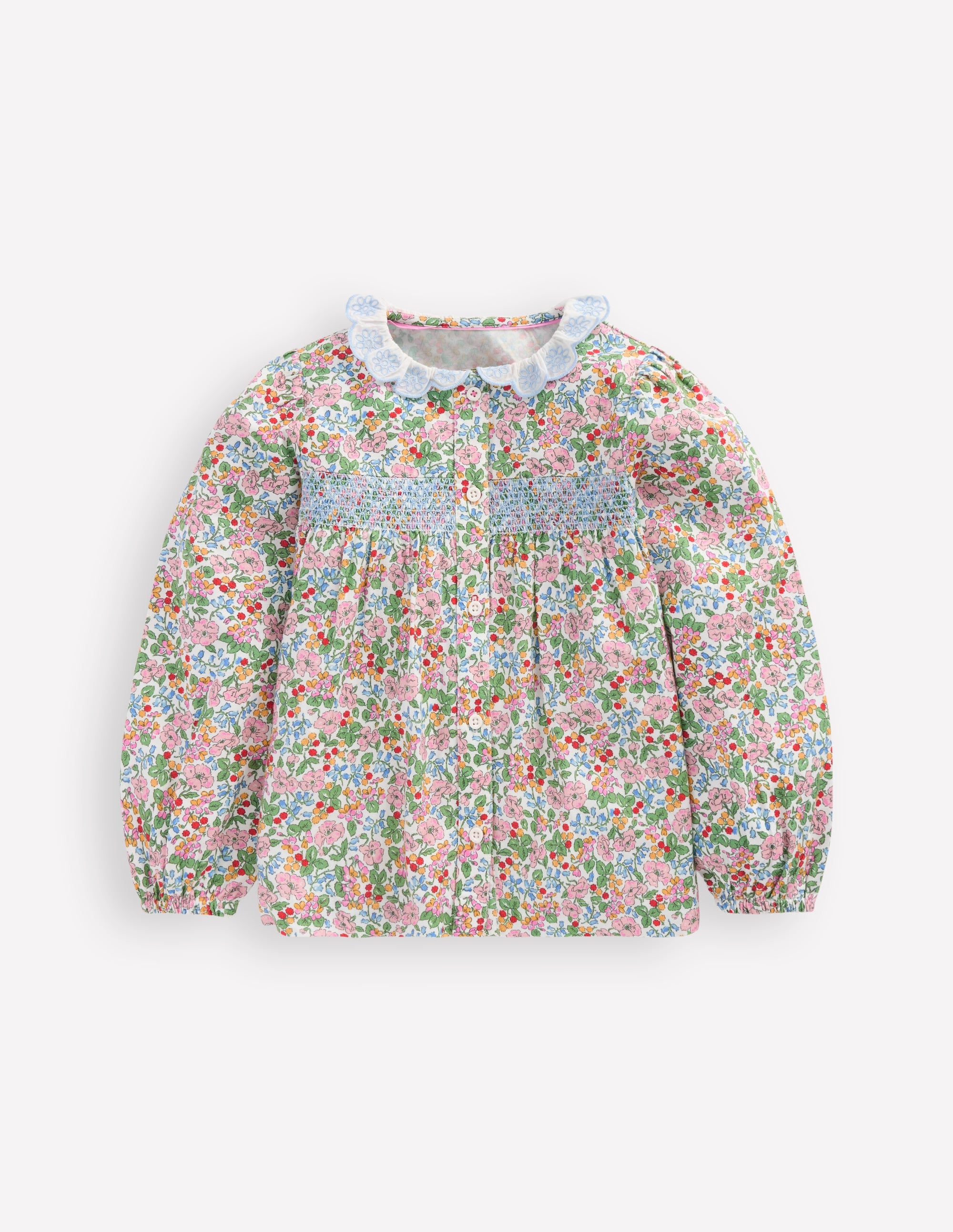 Scalloped Collar Smocked Shirt-Soft Ivory Berry Floral - Image 1
