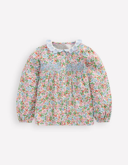 Scalloped Collar Smocked Shirt-Soft Ivory Berry Floral-1