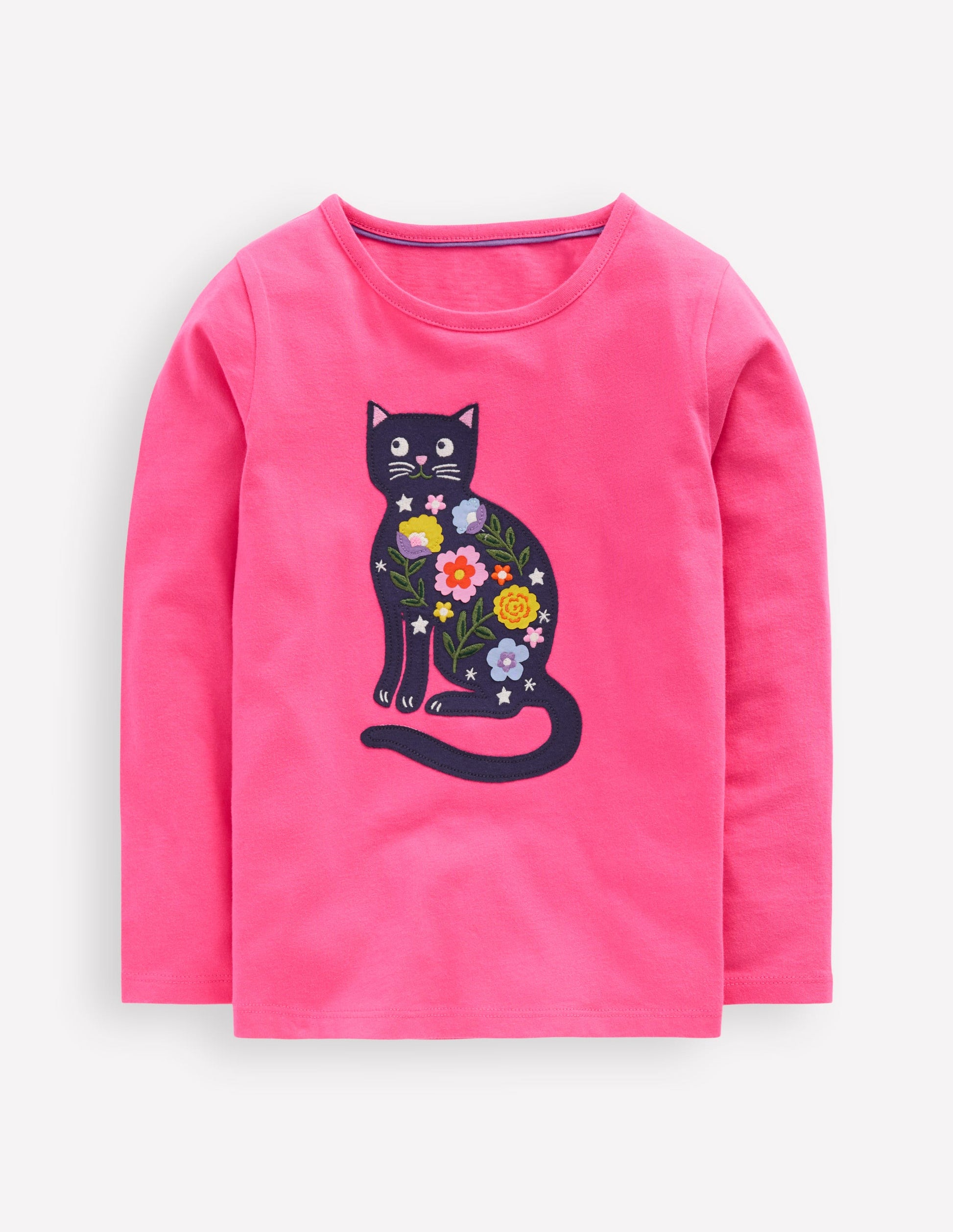 Long Sleeve Appliqué T-shirt-Sorbet Pink Cat-1