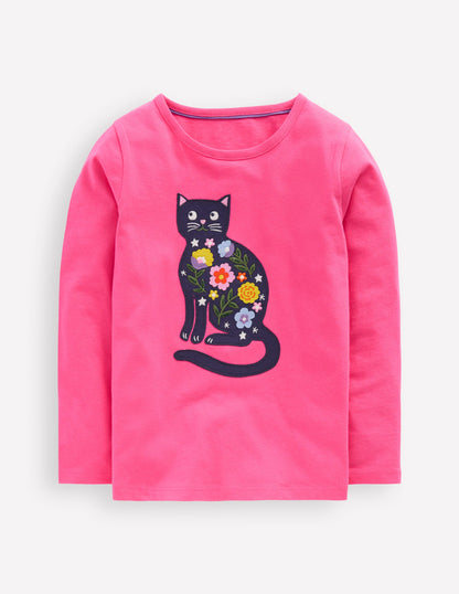 Long Sleeve Appliqué T-shirt-Sorbet Pink Cat-1