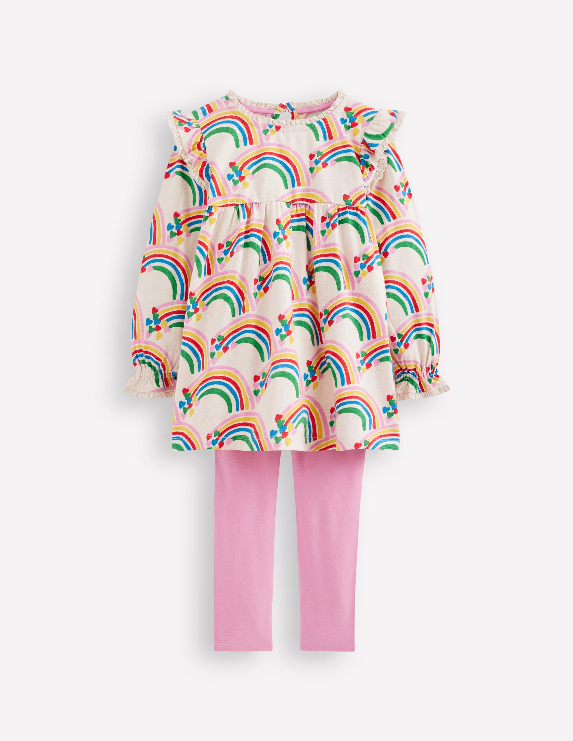 Printed Tunic Set-Oatmeal Marl Rainbow Hearts-1