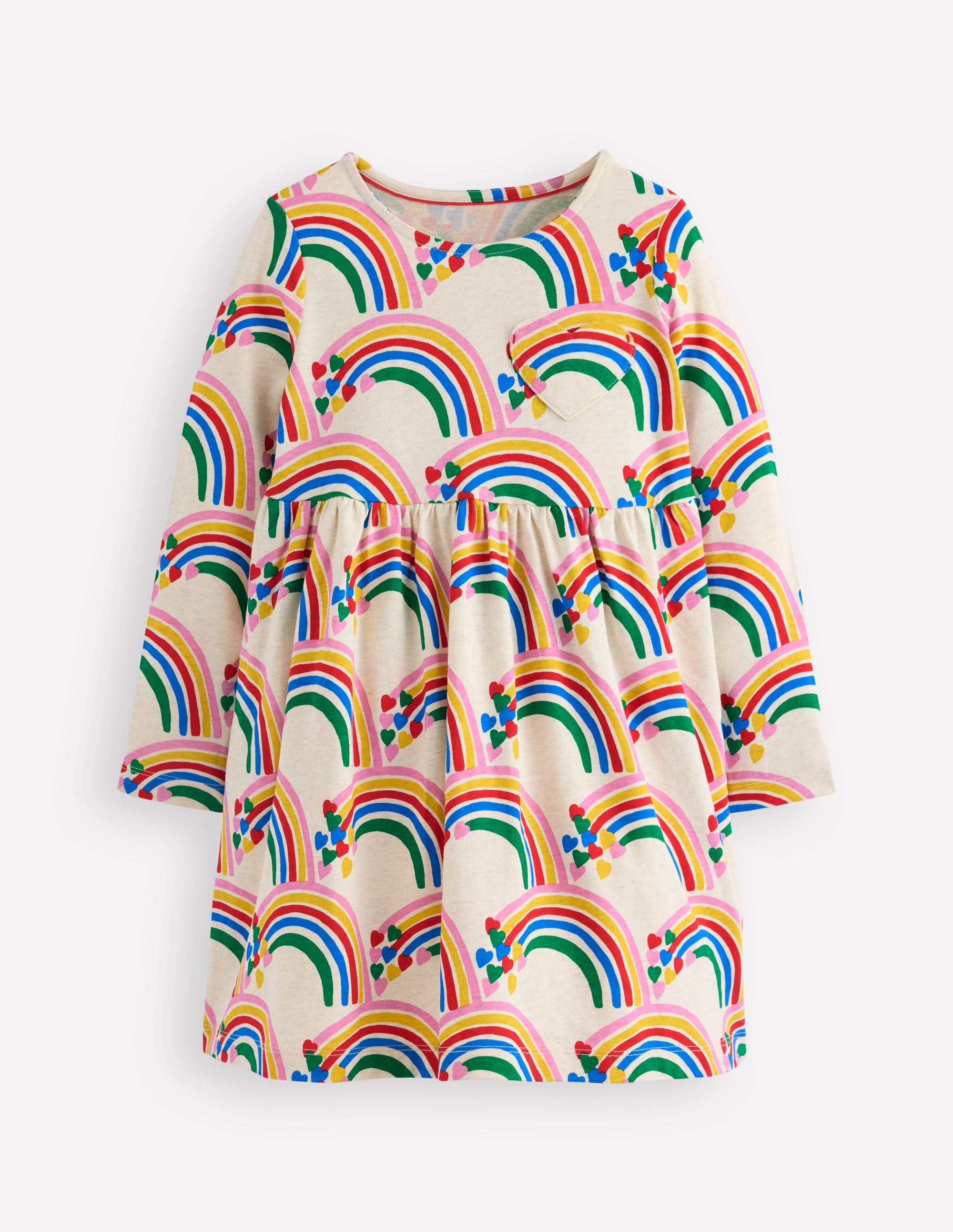 Heart Pocket Fun Jersey Dress-Oatmeal Marl Rainbow Hearts - Image 1