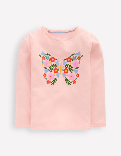 Puff Sleeve Appliqué  T-shirt-Chalk Pink Butterfly-1