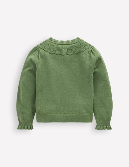 Pretty Ruffle Cardigan-Safari Green Marl-2