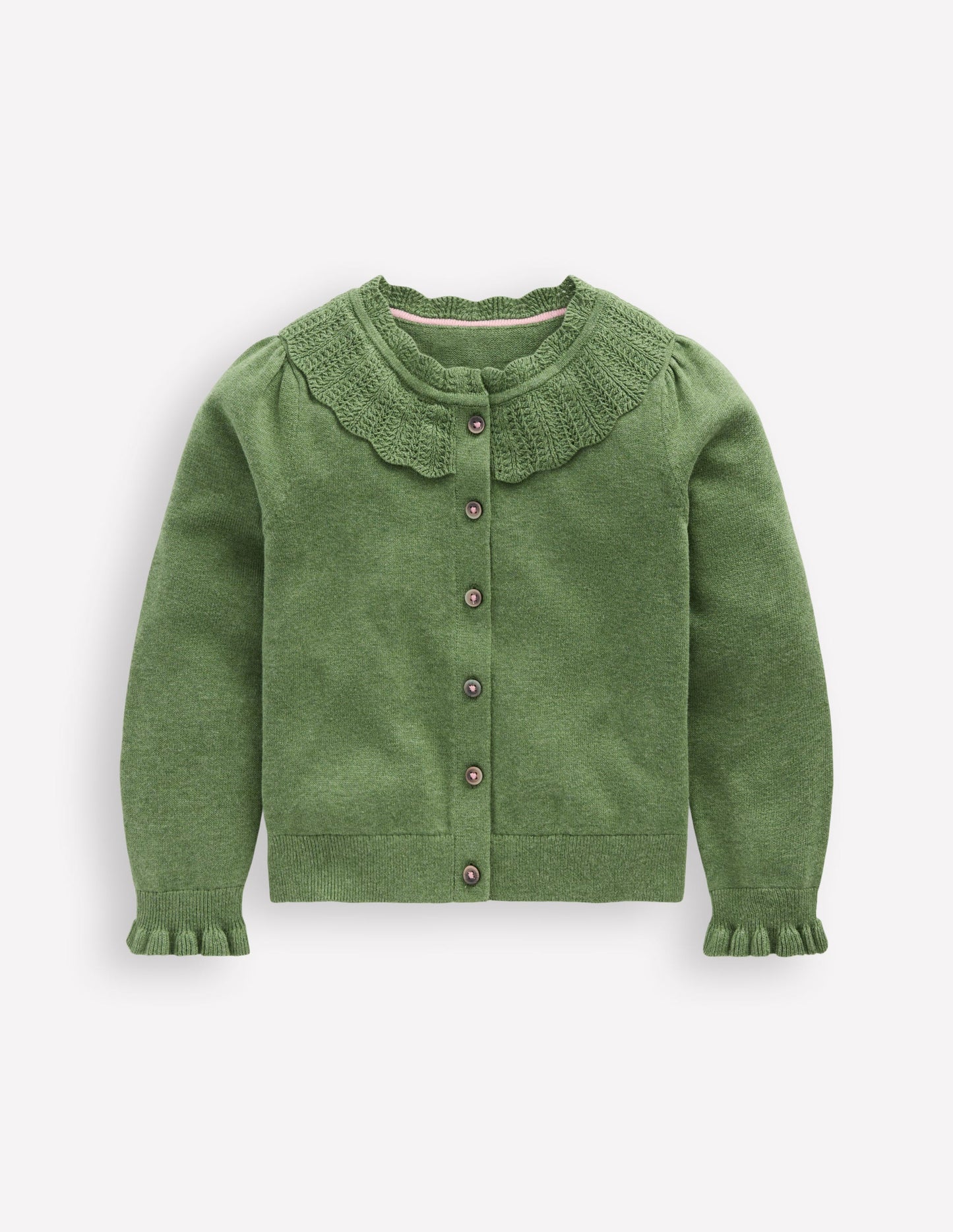 Pretty Ruffle Cardigan-Safari Green Marl