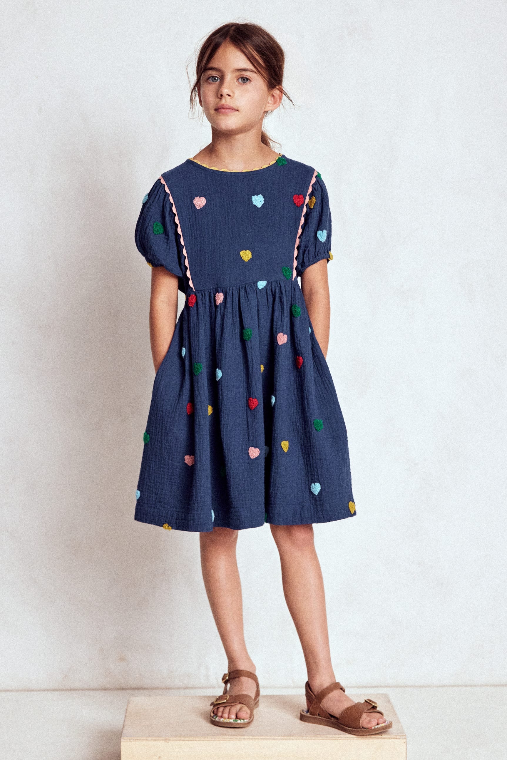 Puff Sleeve Double Cloth Dress-Starboard Blue Hearts - Image 5