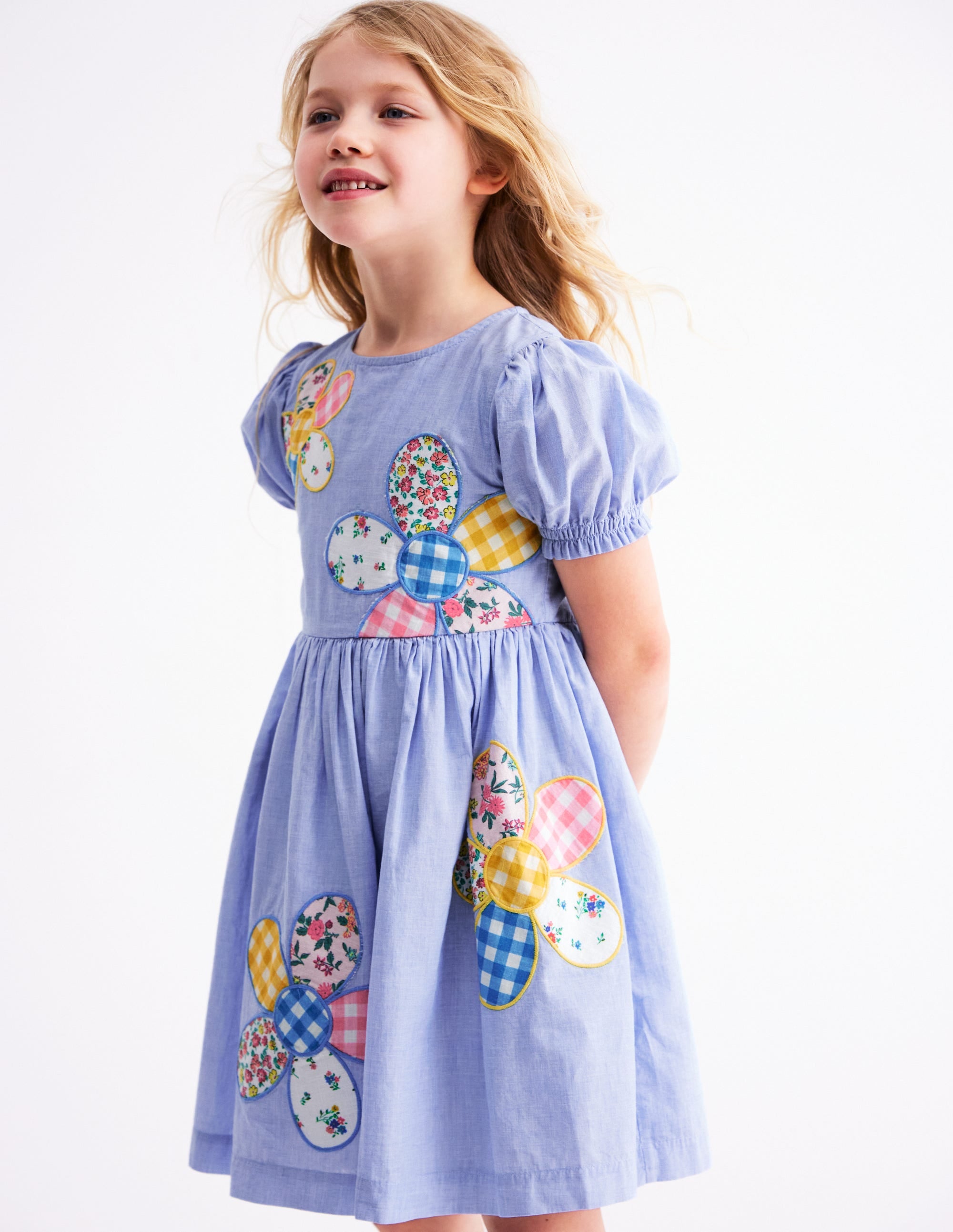 Madeline Woven Dress-Floral Patchwork Applique - Image 1