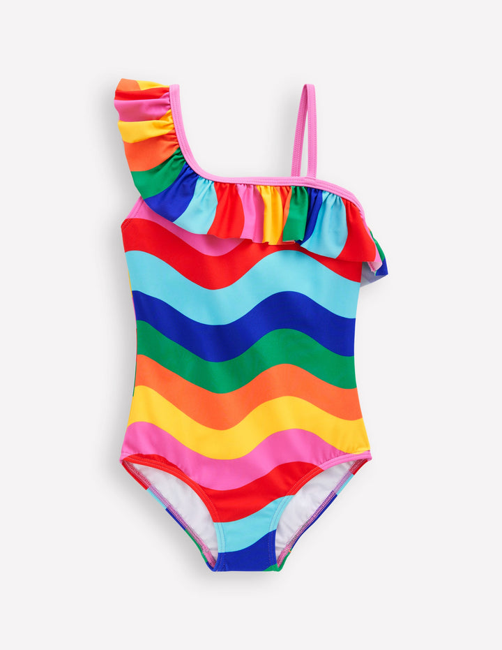 Lila One Shoulder Swimsuit-Multi Rainbow Wave