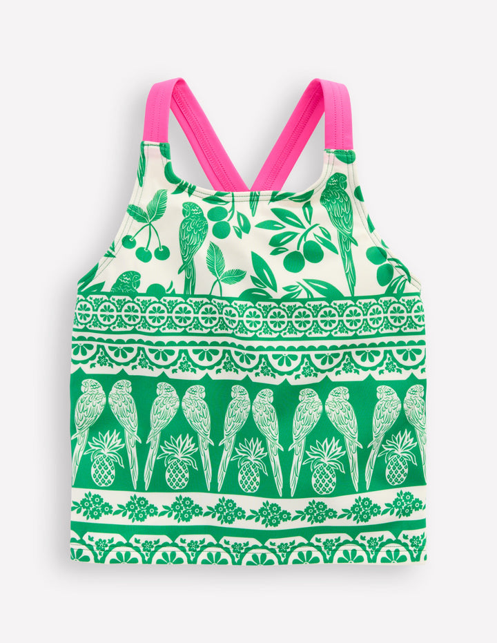 Cross-back Tankini Top-Rich Emerald Parrot Palm
