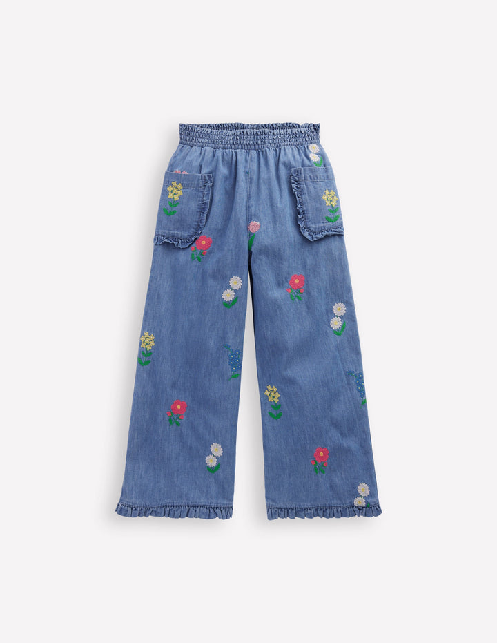 Nostalgic Frill Trousers-Chambray Cross Stitch Flowers