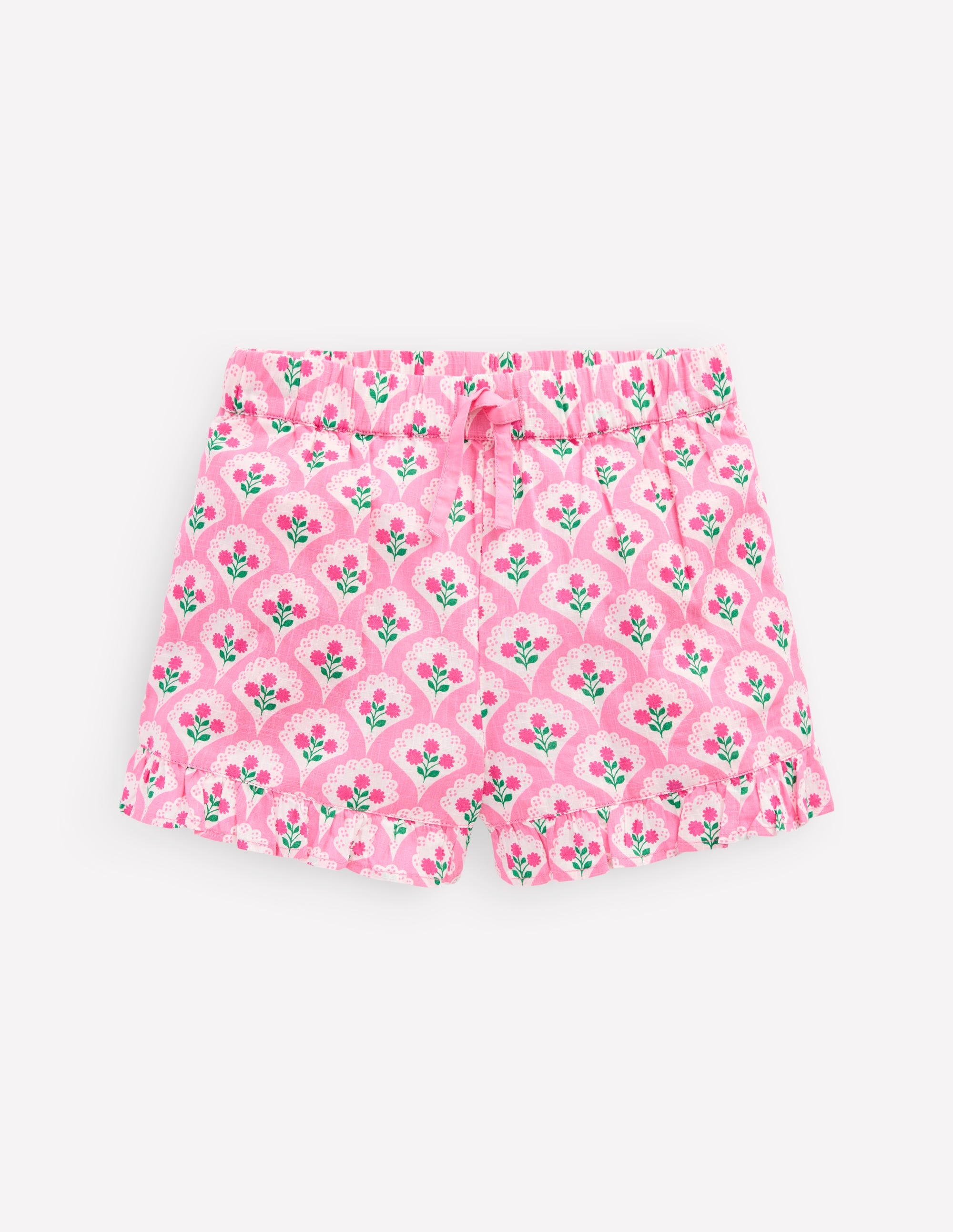 Juniper Woven Frill Shorts-Pink Rose Woodblock Floral - Image 1