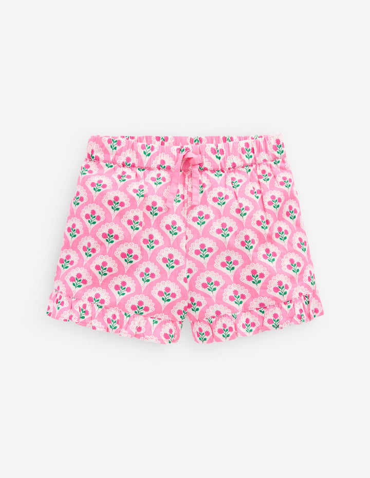 Juniper Woven Frill Shorts-Pink Rose Woodblock Floral