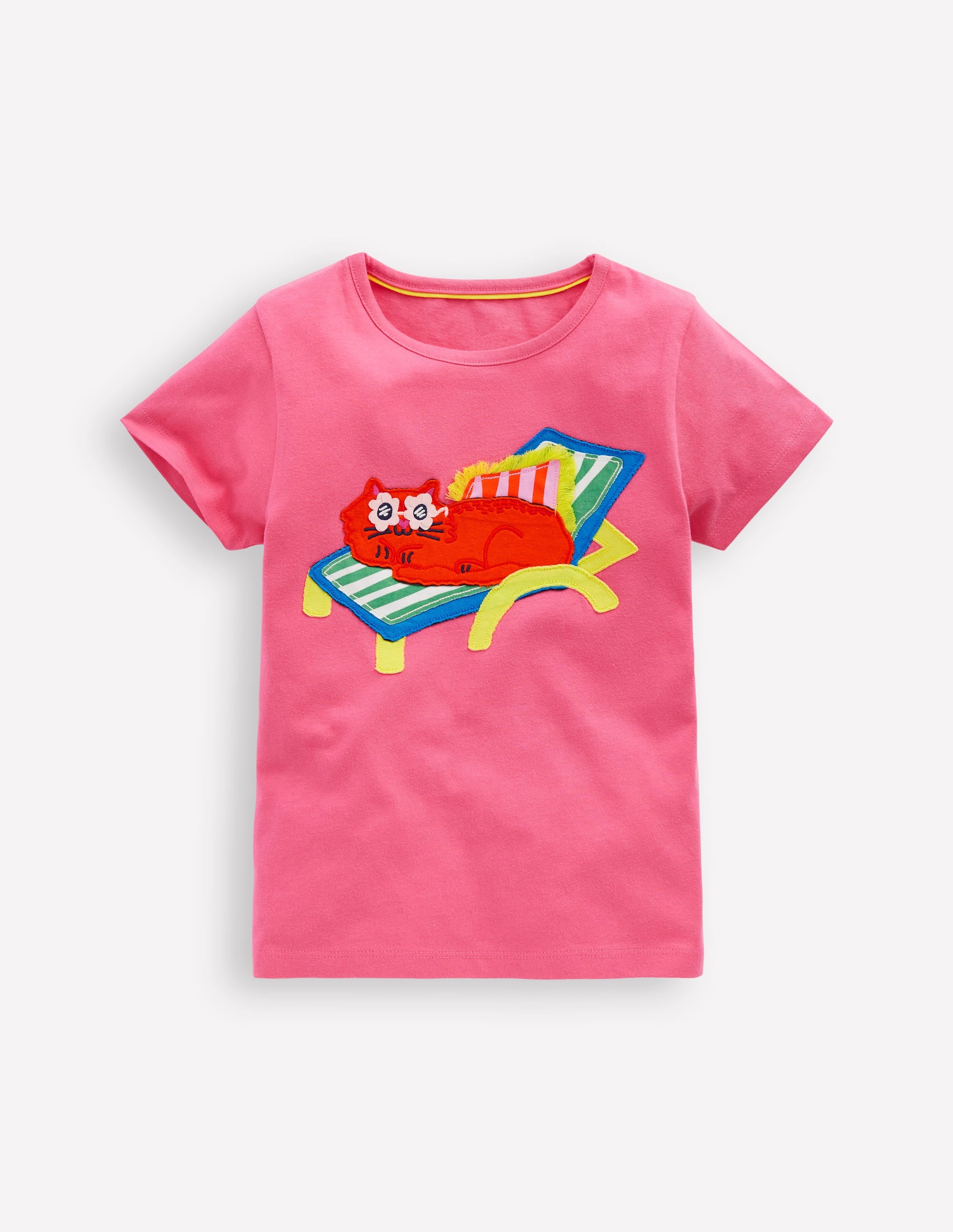 Short Sleeve Appliqué T-shirt-Rose Petal Pink Cat - Image 3