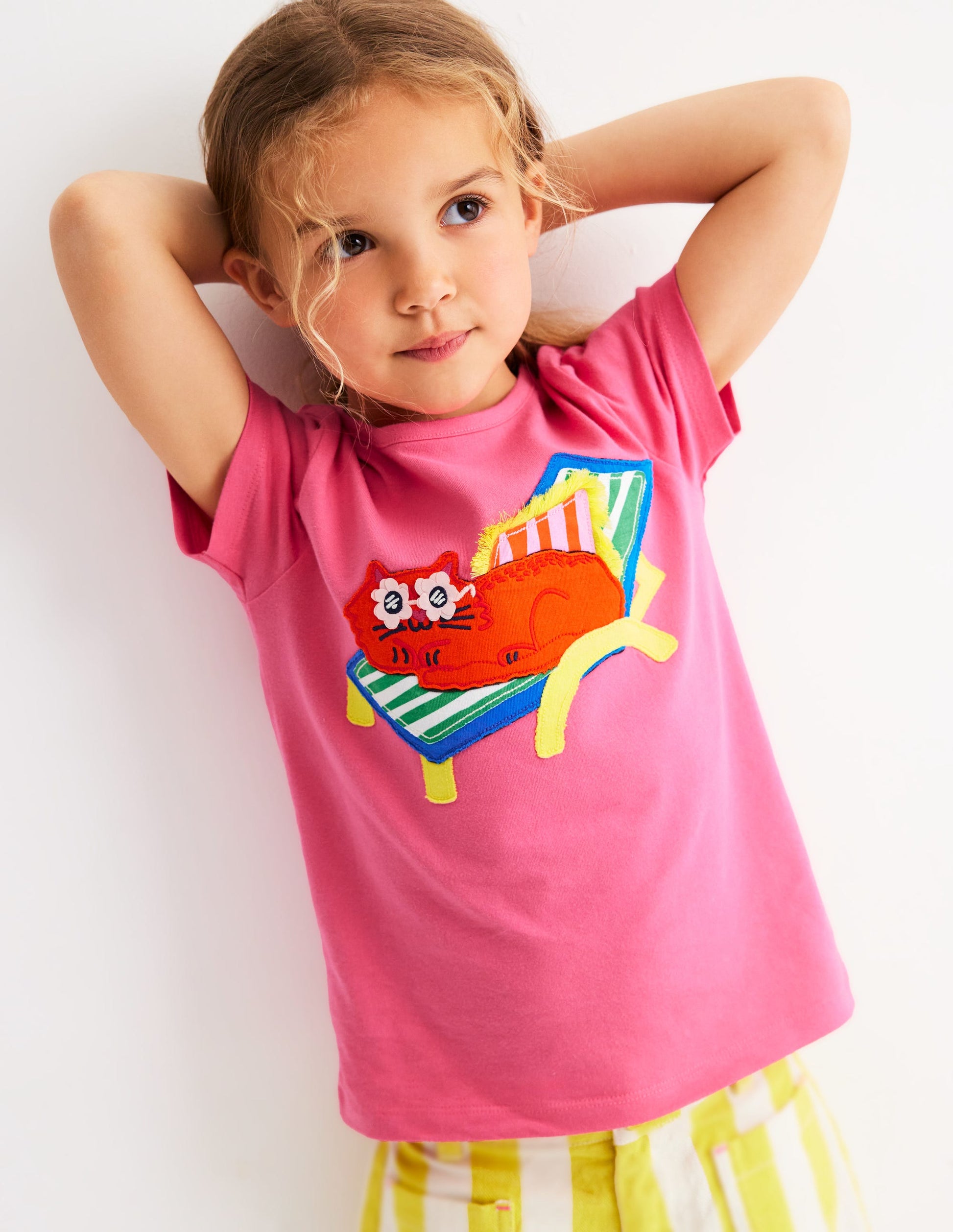 Short Sleeve Appliqué T-shirt-Rose Petal Pink Cat-2
