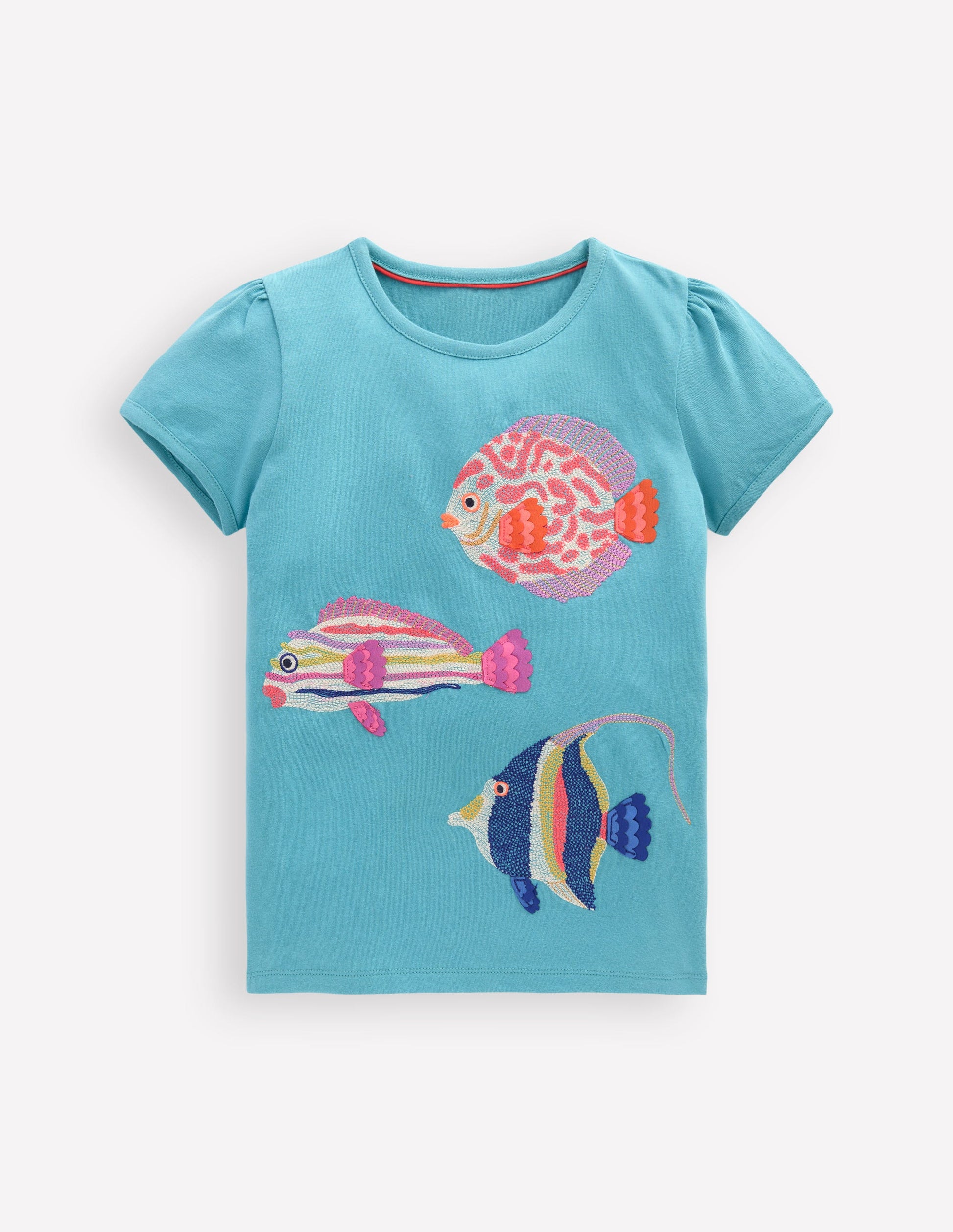 Puff Sleeve Superstitch Top-Aqua Sea Blue Fish-3