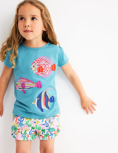 Puff Sleeve Superstitch Top-Aqua Sea Blue Fish-1