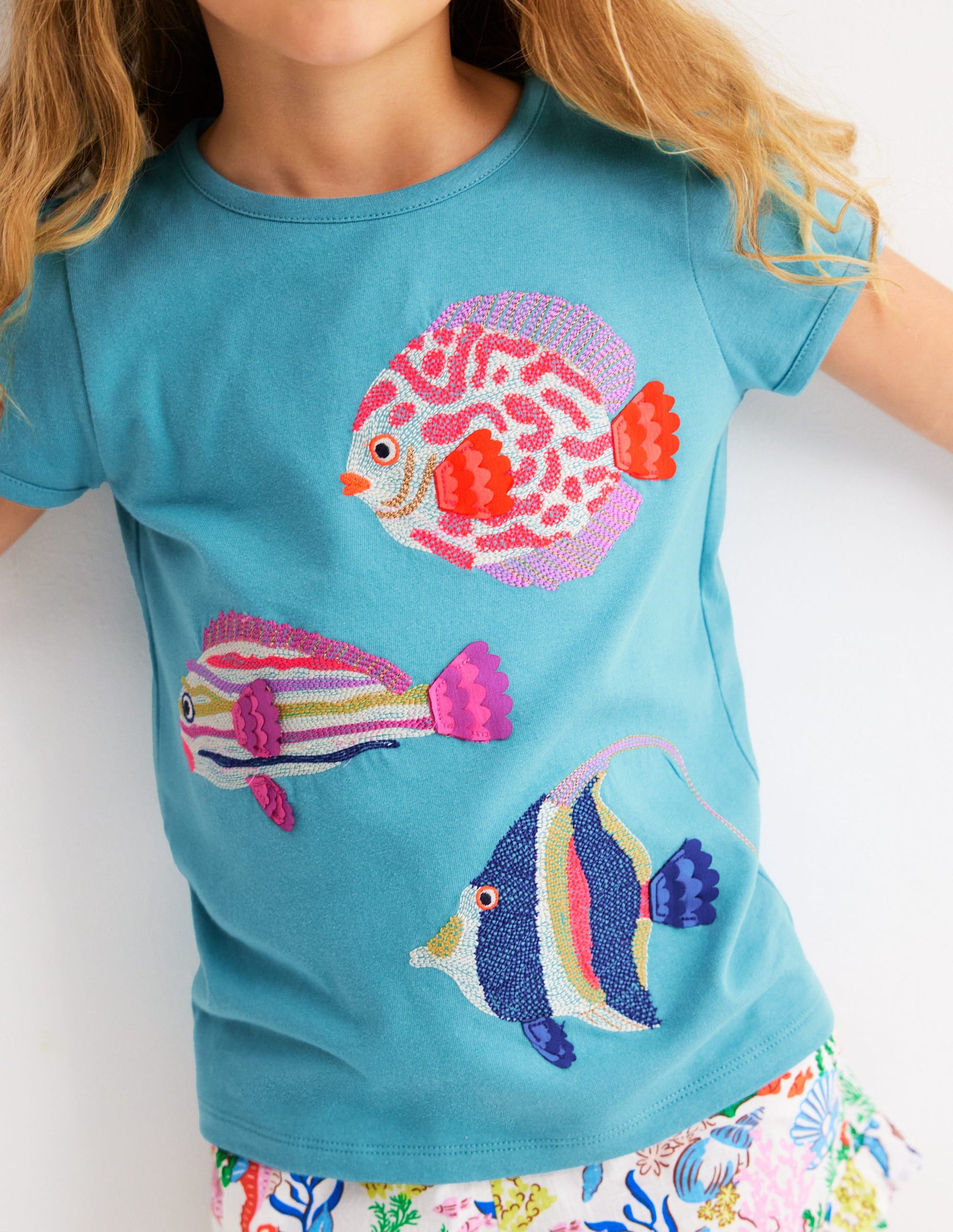 Puff Sleeve Superstitch Top-Aqua Sea Blue Fish-2