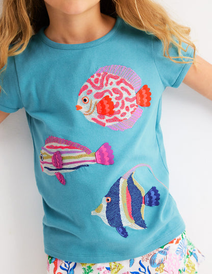 Puff Sleeve Superstitch Top-Aqua Sea Blue Fish-2