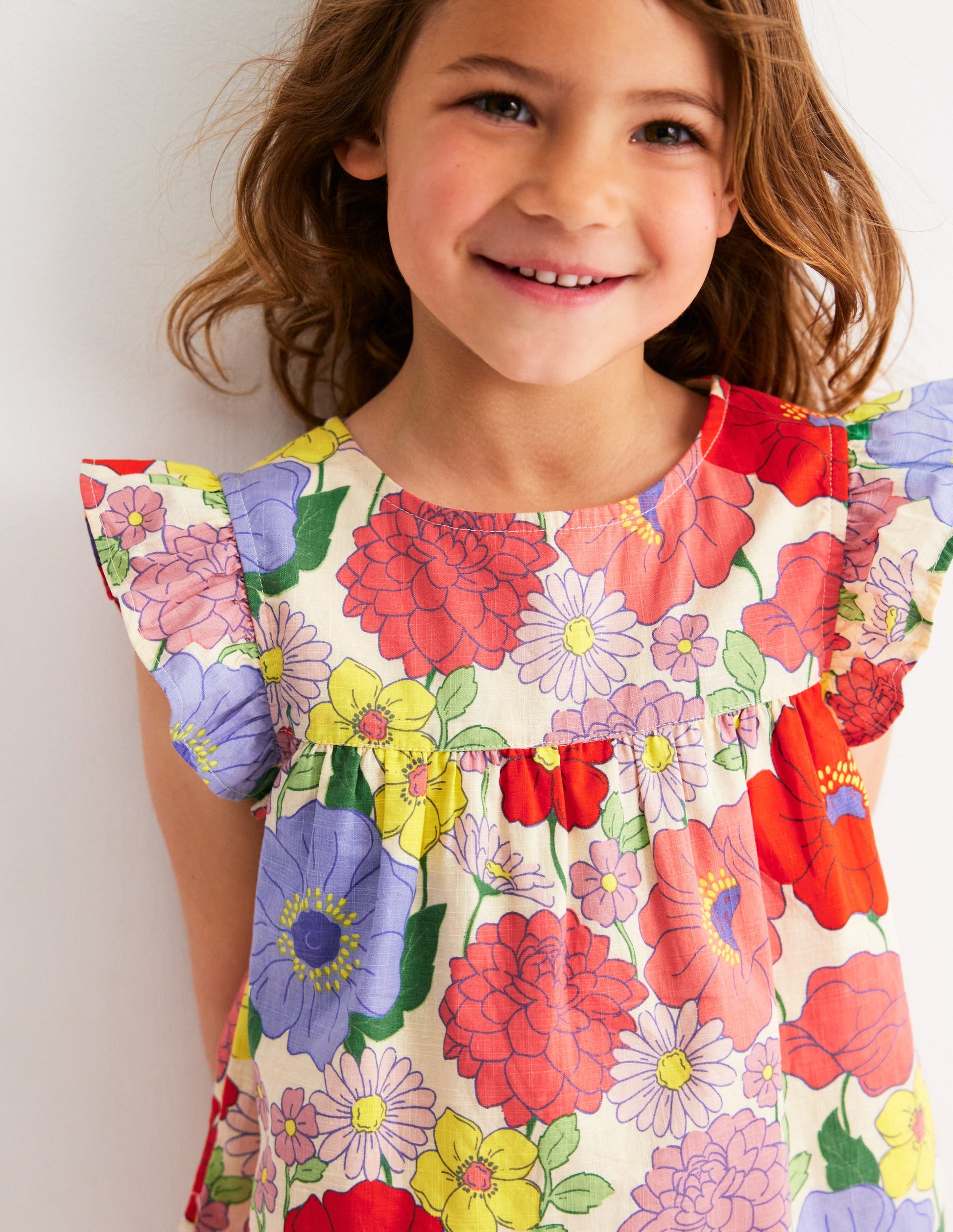 Frill Sleeve Woven Top-Multi Summer Garden-1