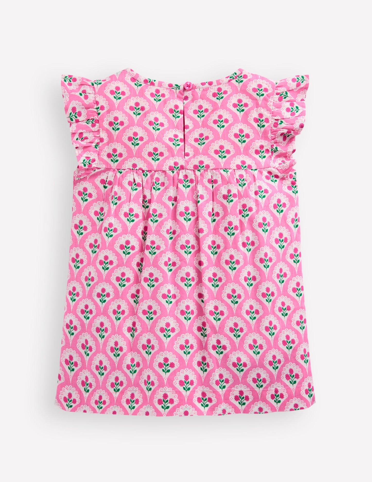 Frill Sleeve Woven Top-Pink Rose Woodblock Floral