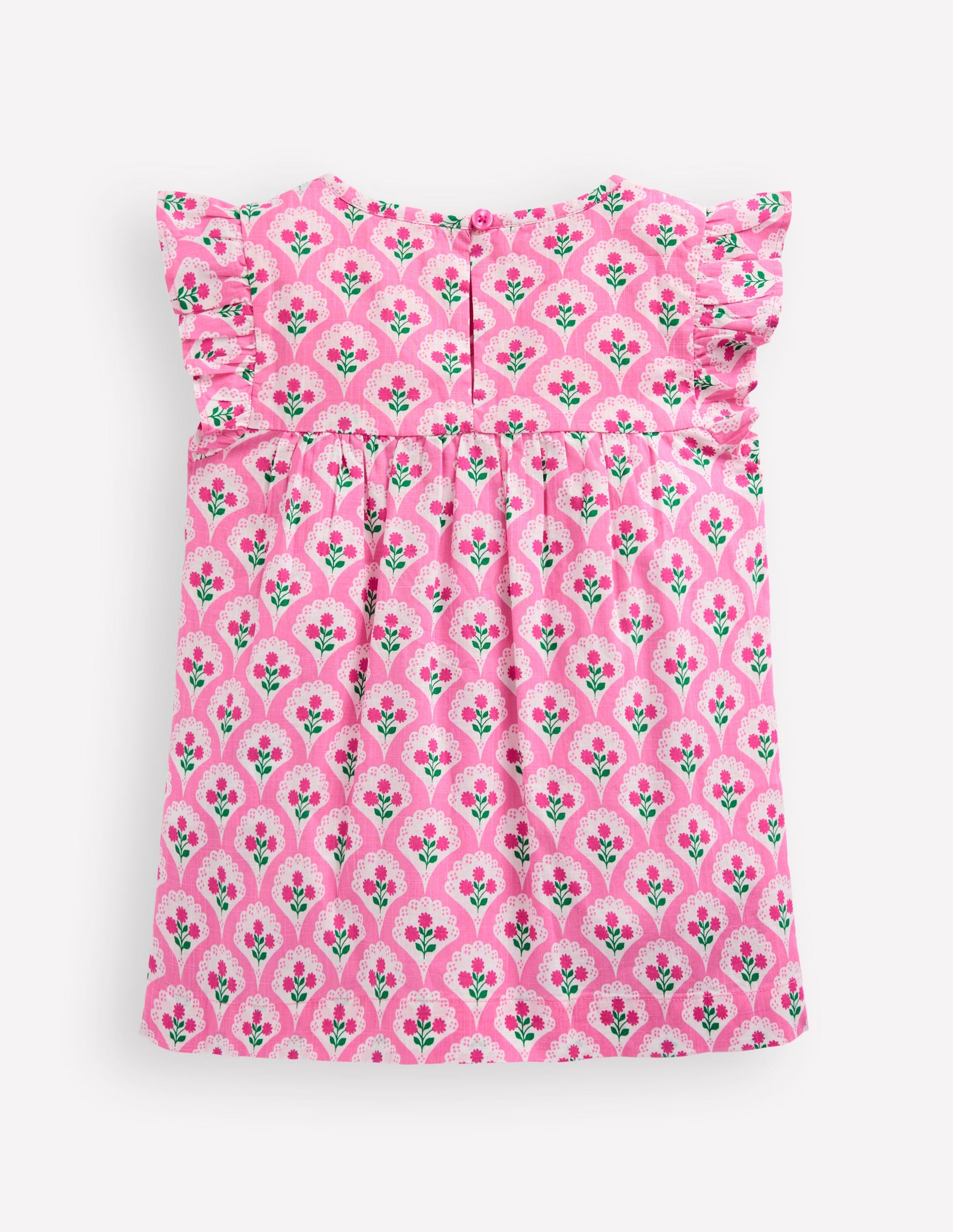 Frill Sleeve Woven Top-Pink Rose Woodblock Floral-2