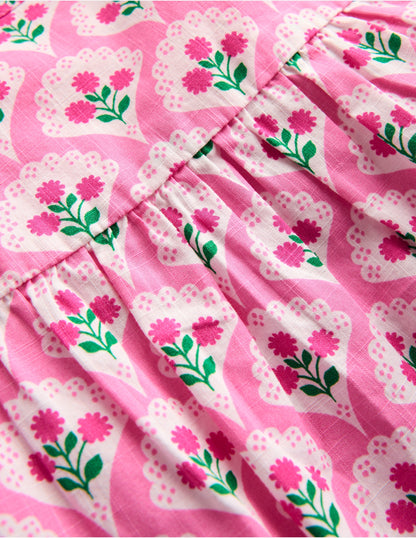 Frill Sleeve Woven Top-Pink Rose Woodblock Floral-3