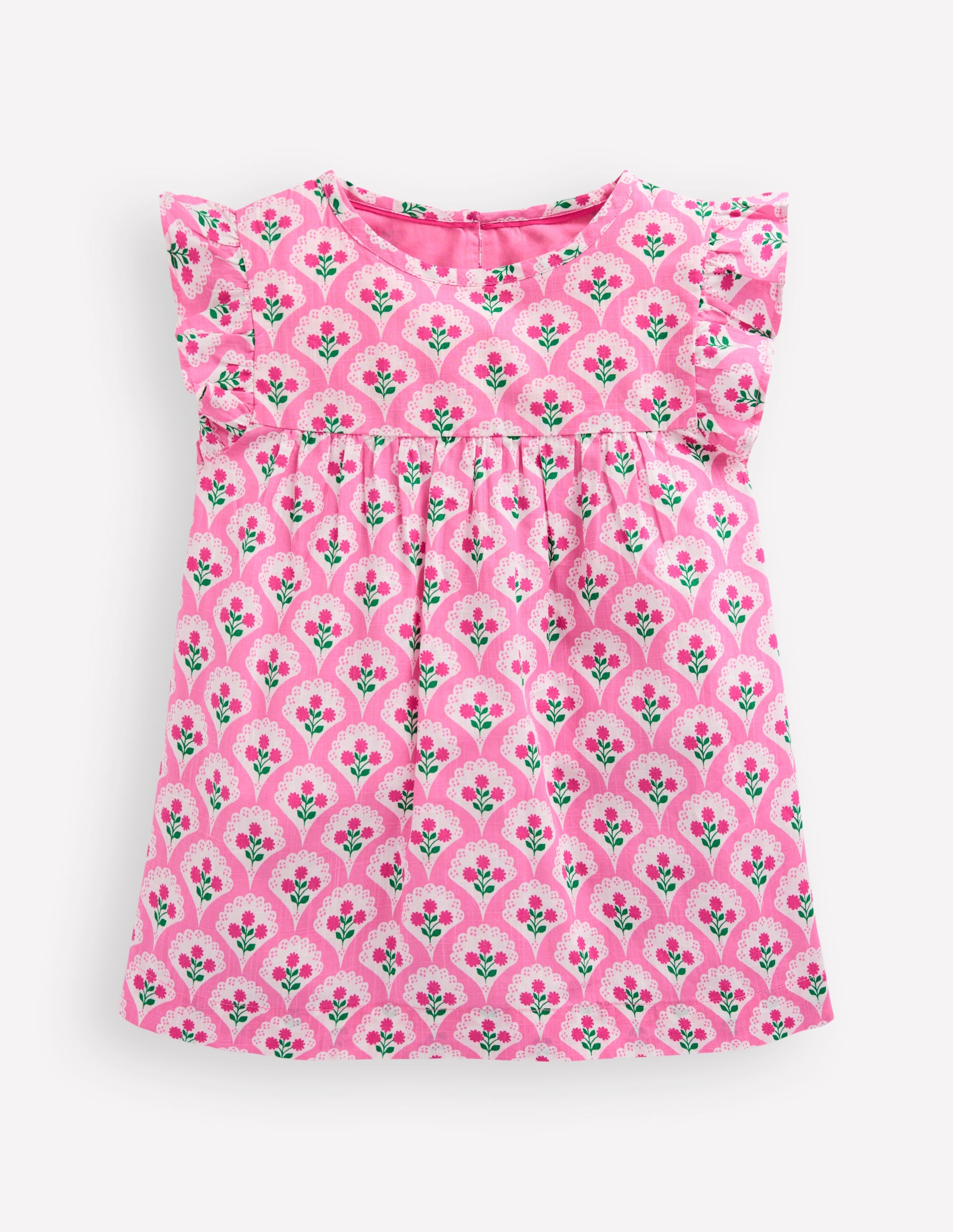 Frill Sleeve Woven Top-Pink Rose Woodblock Floral - Image 1