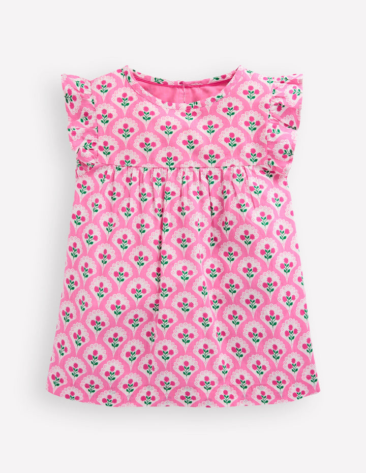 Frill Sleeve Woven Top-Pink Rose Woodblock Floral