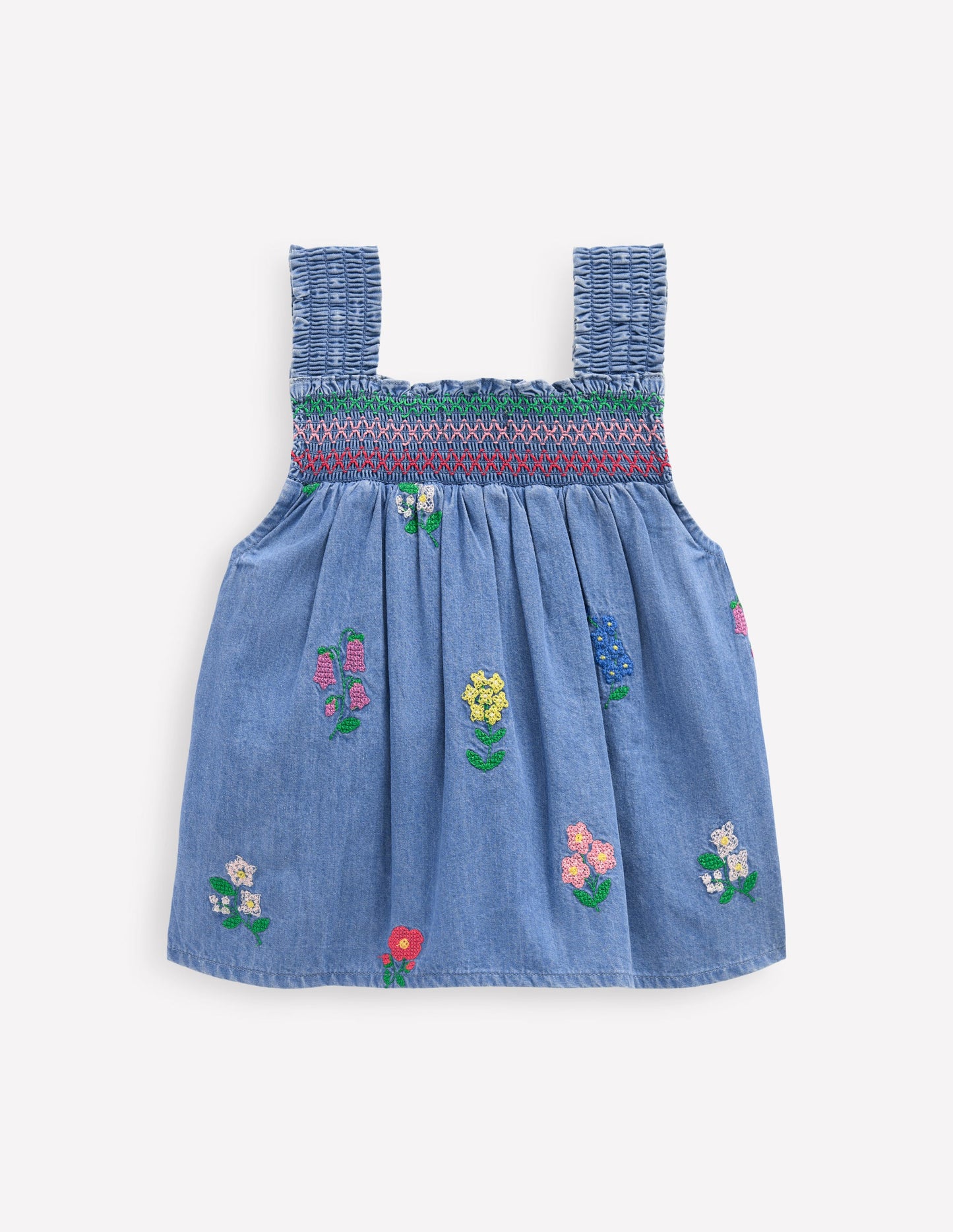 Smocked Woven Top-Chambray Cross Stitch Flowers