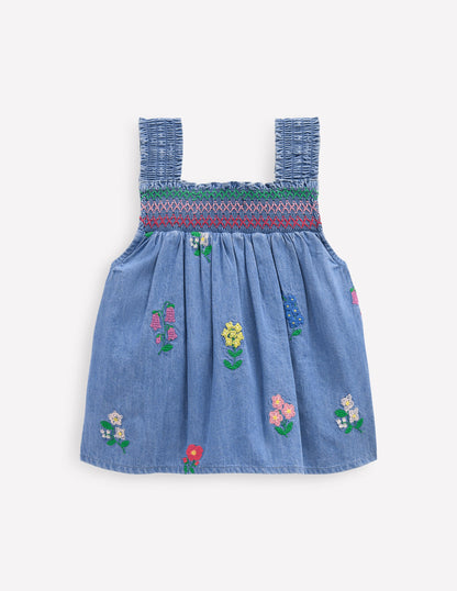Smocked Woven Top-Chambray Cross Stitch Flowers-2