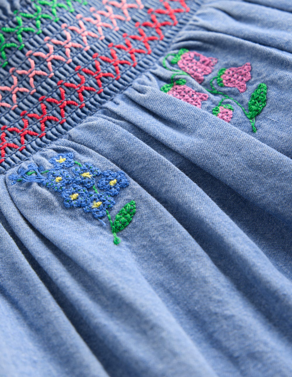 Smocked Woven Top-Chambray Cross Stitch Flowers