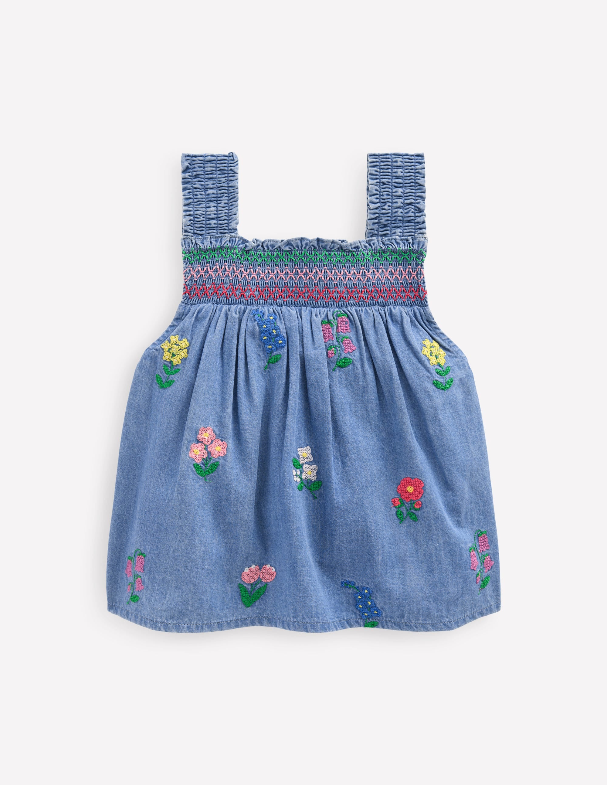 Smocked Woven Top-Chambray Cross Stitch Flowers - Image 1