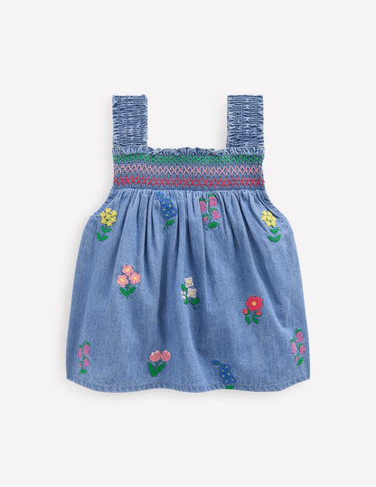 Smocked Woven Top-Chambray Cross Stitch Flowers-1