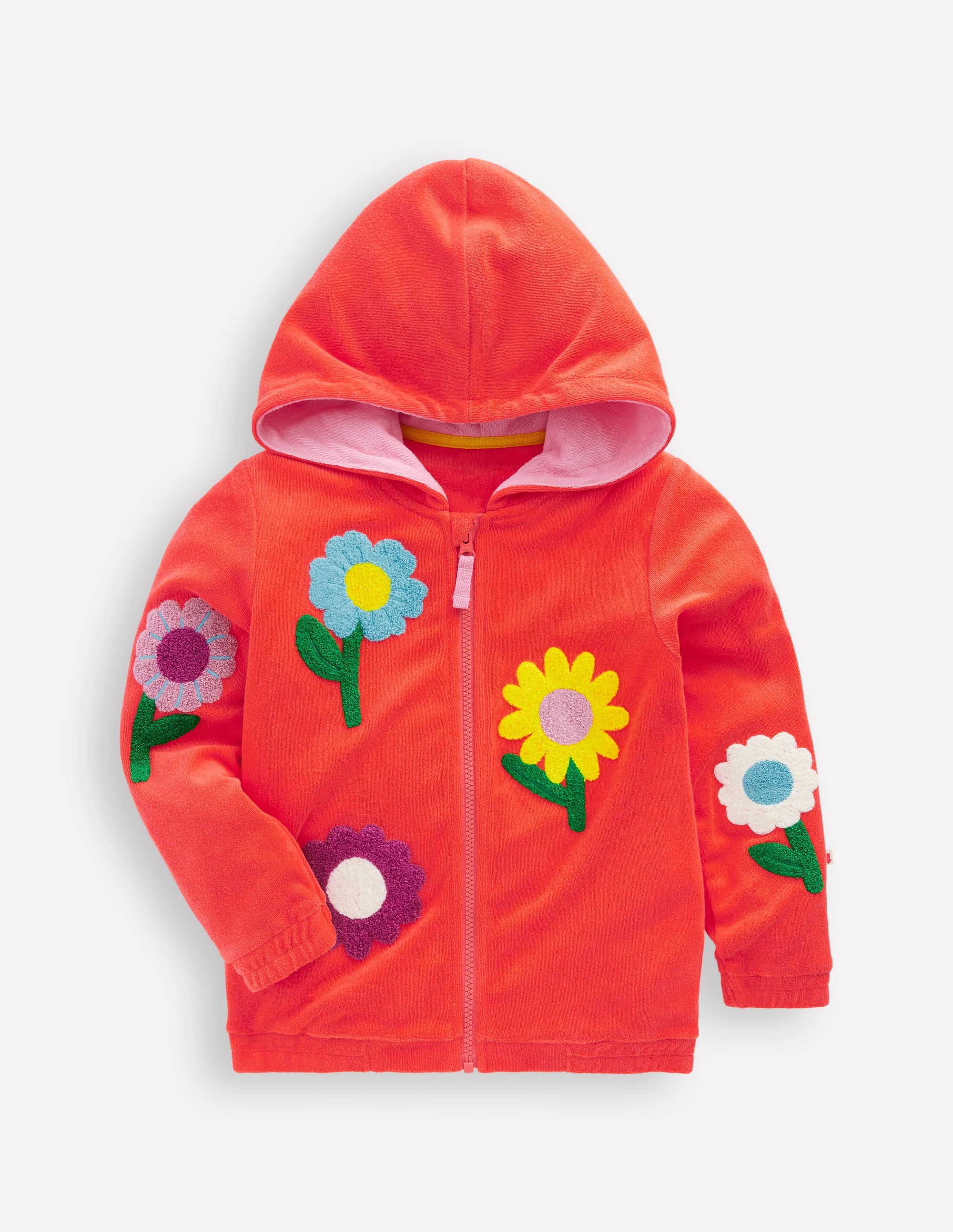 Zip-Through Towelling Hoodie-Coral Orange Flowers - Image 1
