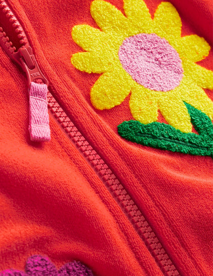 Zip-Through Towelling Hoodie-Coral Orange Flowers-3