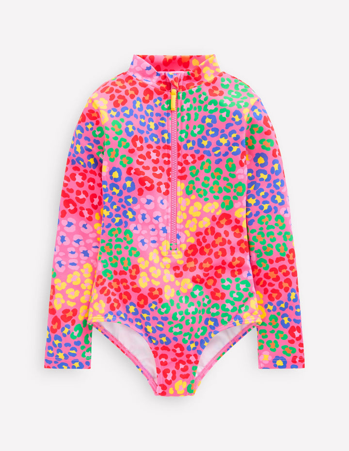 Long-Sleeved Swimsuit-Pink Rainbow Leopard
